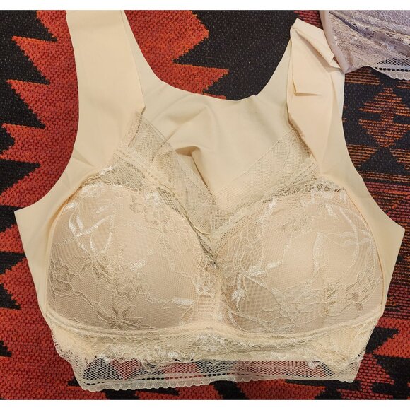 Set Of 3 Lace Wireless XL Bralettes Beige, Black & Cream Stretchy Nylon Spandex - Picture 6 of 10